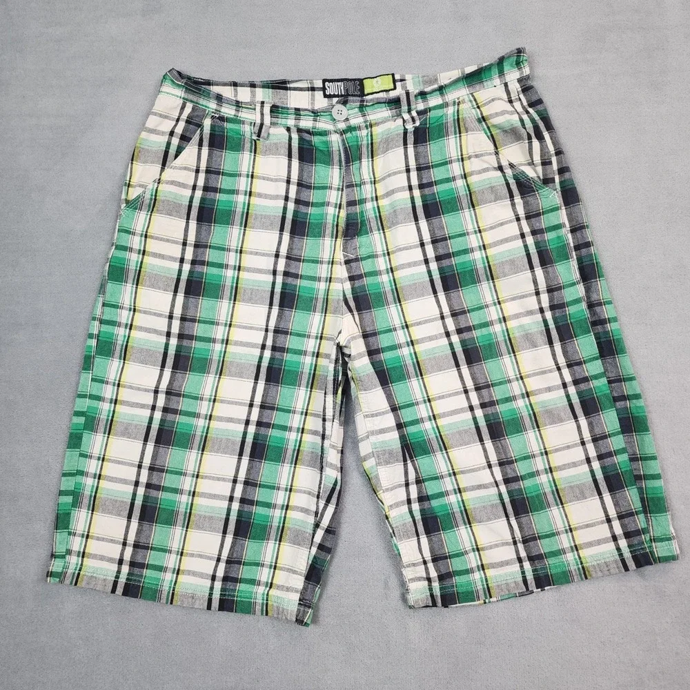 Southpole Shorts Mens Size 36 Green Plaid Y2K Hip Hop Skater Bermuda Cotton